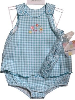 Vintage First Impressions Baby Girl Bubble Romper 6-9M Blue Gingham NWT Floral